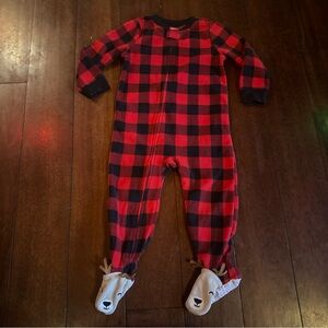 Carter's Buffalo Plaid One Piece Pajamas Toddler 2T Reindeer Footed Zipup Red
